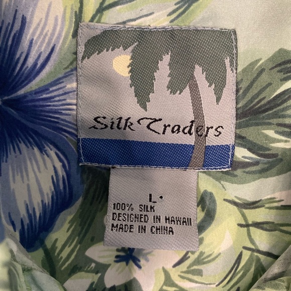 Mens Silk Traders Green Floral Hawaiian Short Sleeve Button Up Silk Shirt Large - Picture 2 of 8